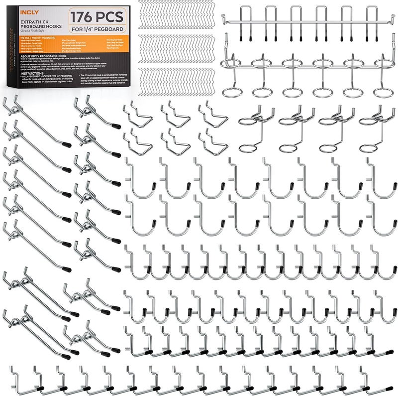 INCLY 176PCS Extra Thick Pegboard Hooks, 1/4" Heavy Duty Metal Peg Board Hooks Assortment with Peg Locks Pegboard Accessories Kit for Garage Wall Organizer Hanging Tools - Image 1